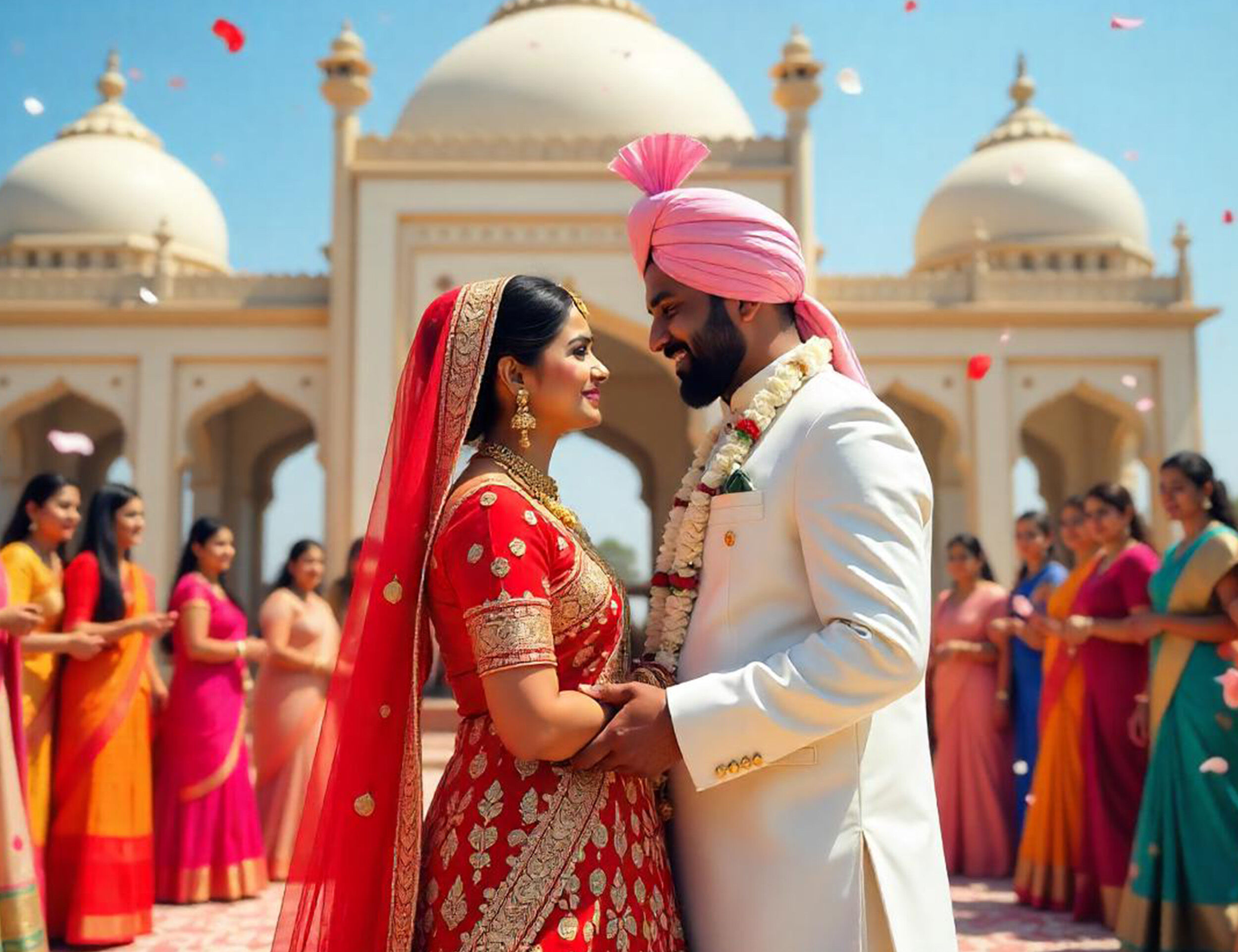 Couples holding hands with wedding varmalas and beautifull bacground